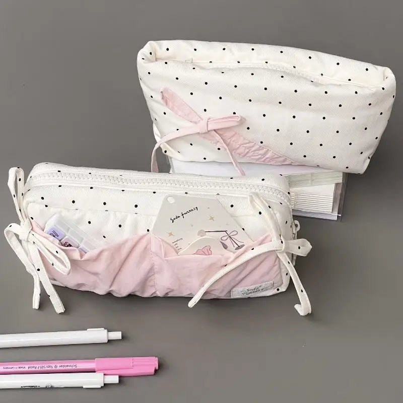 Cute Polka Dot Bow Pencil Case White Pink Accessories Large Capacity Qme
