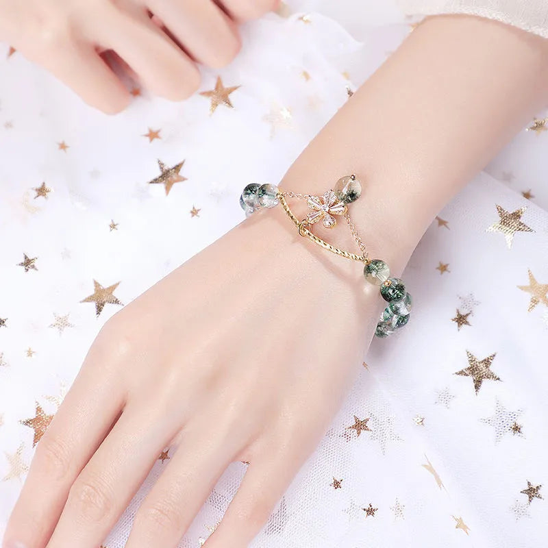 b74 Cherry Blossom Green Ghost Bracelet Advanced Design Lucky Crystal Green Ghost Elastic Bracelet Women's Jewelry Hand Gift Qme