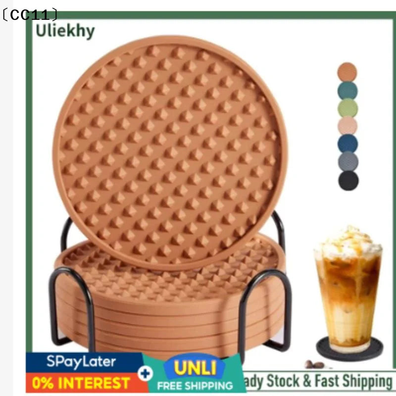 6 Silicone Drink Coasters Metal Holder Cup Coaster Drinks Absorbent Qme