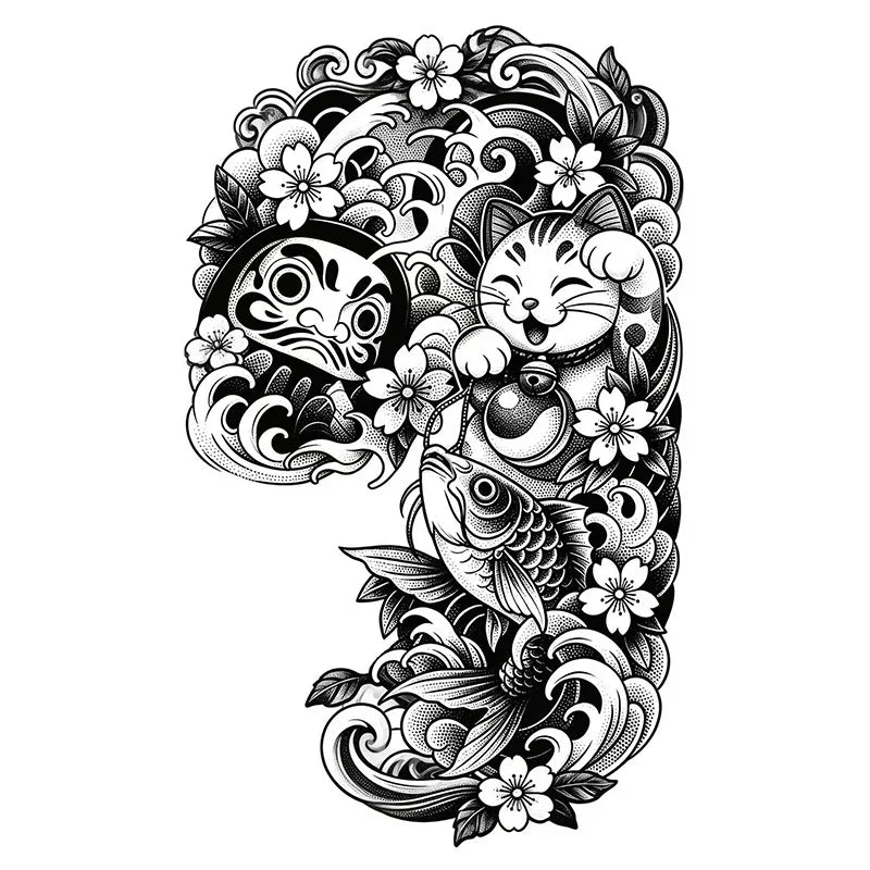 Lucky Cat Koi Fish Tattoo Sticker Waterproof Temporary Tattoo Japanese Style Dominant Design for Shoulder Chest Qme