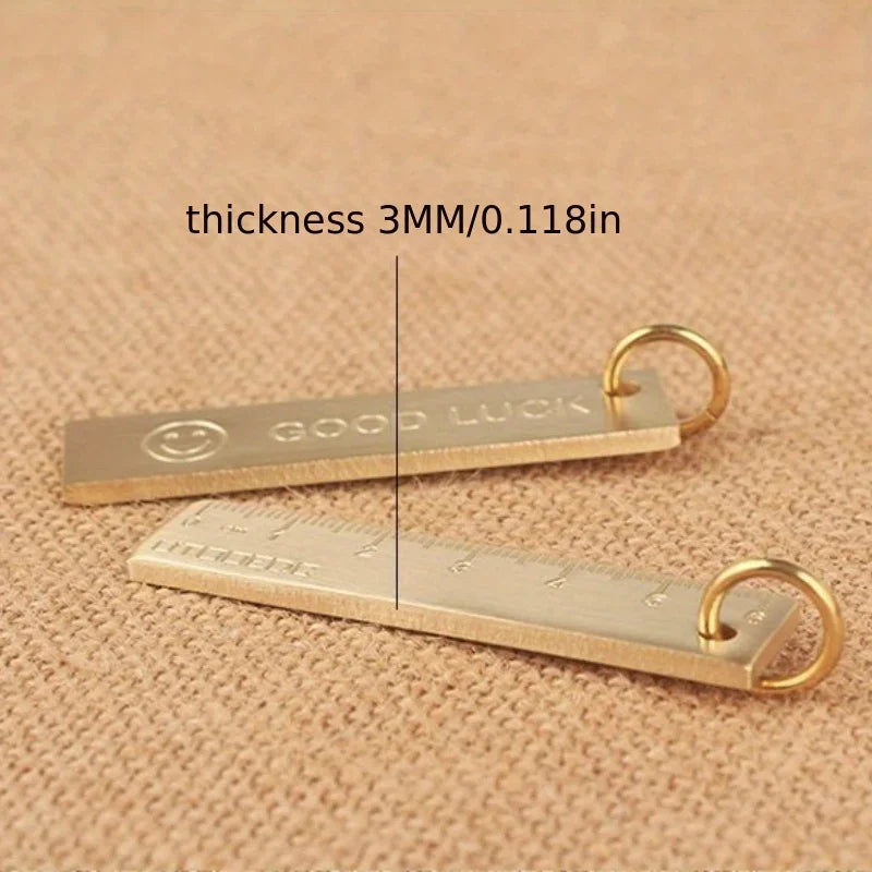1pc Thickened Miniature 2.36inch Pure Brass Metal Ruler With Keychain And Number Plate Pendant Happy Face Design Qme