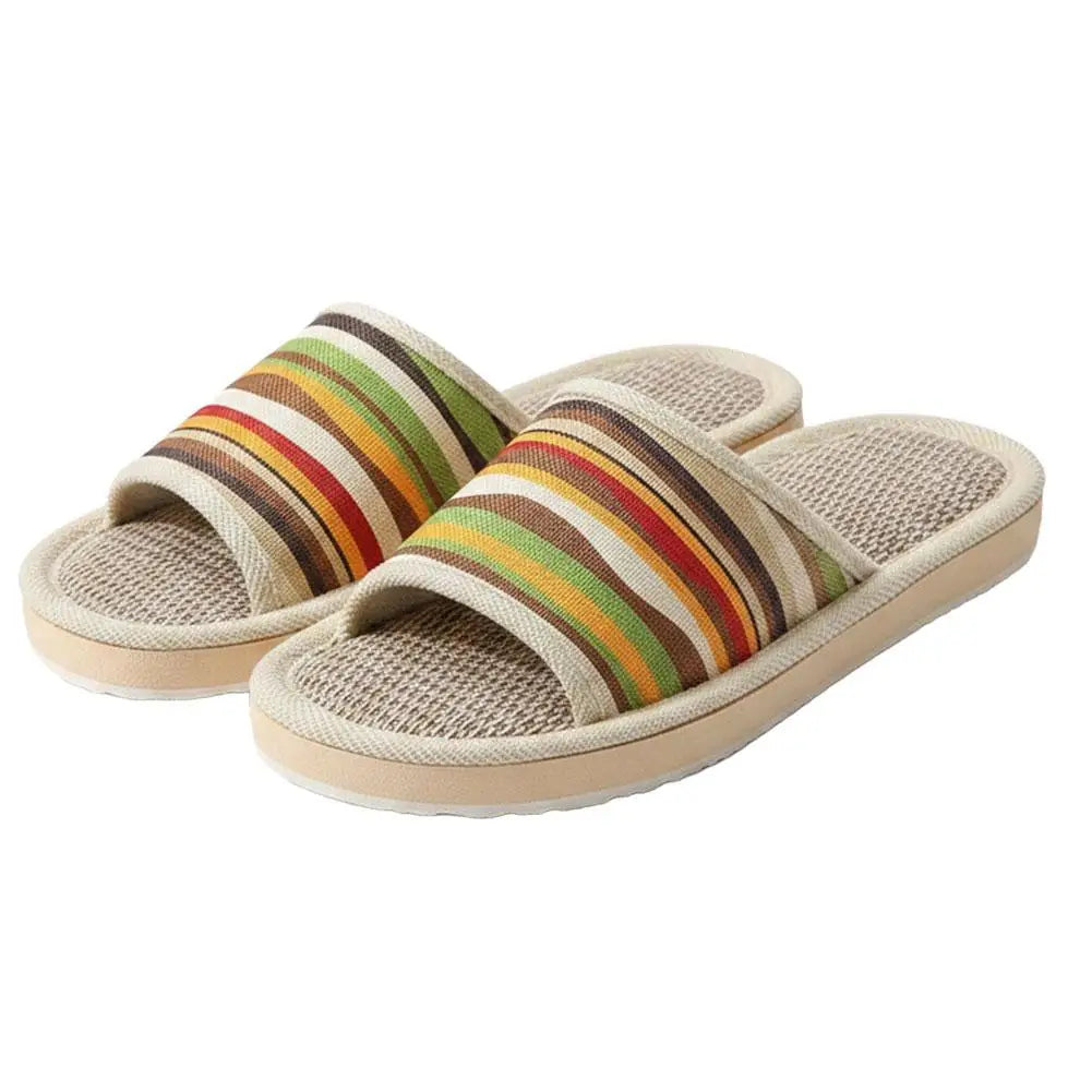 Four Season Couple's Multicolor Linen Slippers Women Indoor Striped Non-Slip Sandals Men Comfort Indoor Floor Breathable Slides Qme 39-40 Green
