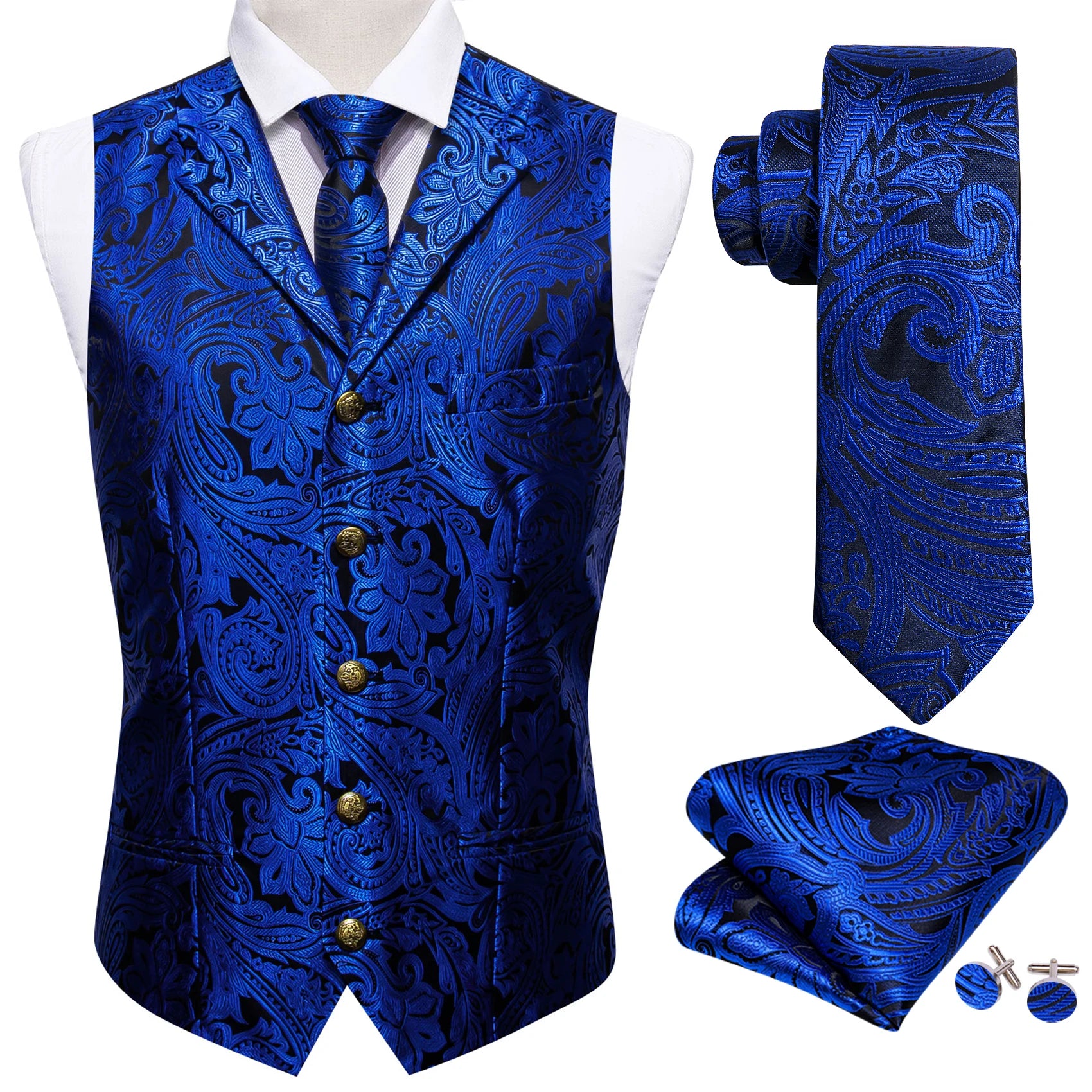 Men's Floral Vest Tie Hanky Cufflinks Formal Blue Grey Green Qme