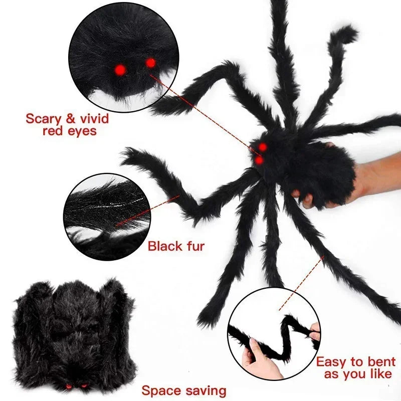 Big Plush Spider Halloween Decoration Scary Lifelike Plush Spider Cobweb Ghost Festival Prop Haunted House Garden Party Decor Qme