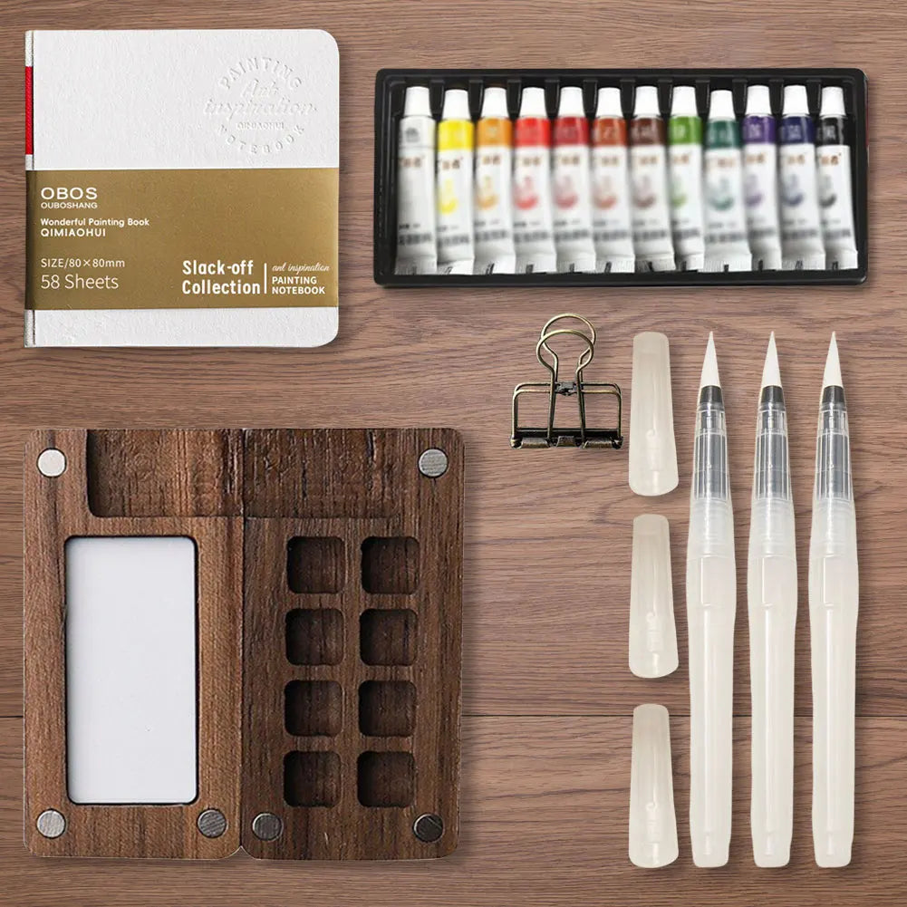 Travel Paint Palette Mini Watercolor Palette Set with Clip Portable Watercolor Set Wooden Grid Paint Box for Watercolor Painting Qme