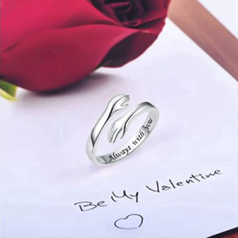 Lettering silver Color Warmly Embraced Love Hug Open Ring For Women Cute Creative Hands Embracing Adjustable Rings Jewelry Qme