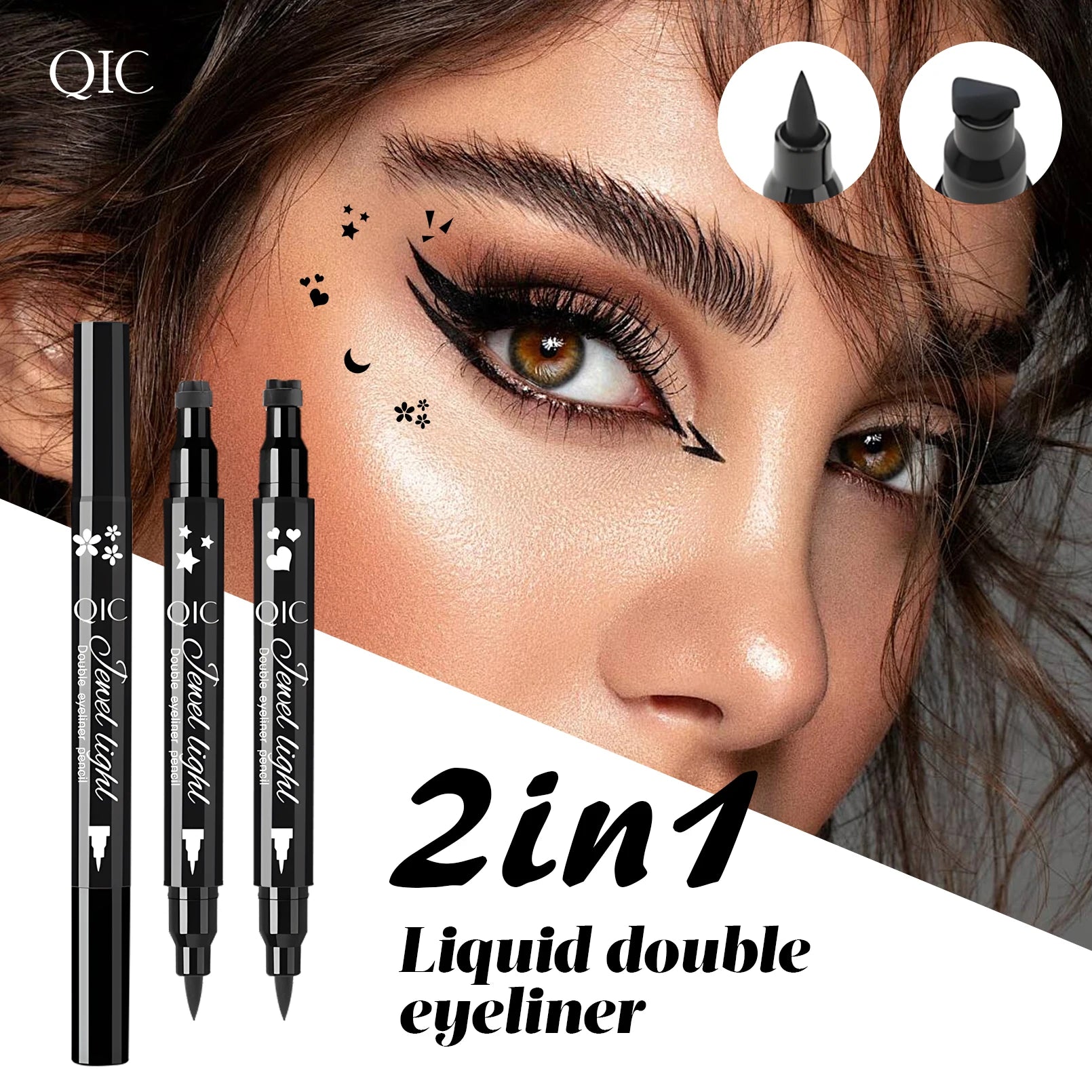 1pcs Liquid Eyeliner Pen Set Dual-Tip Stamps with Black Ink - Includes Heart, Moon, Star Shapes for Eye Makeup, Eyeliner Stamp Qme