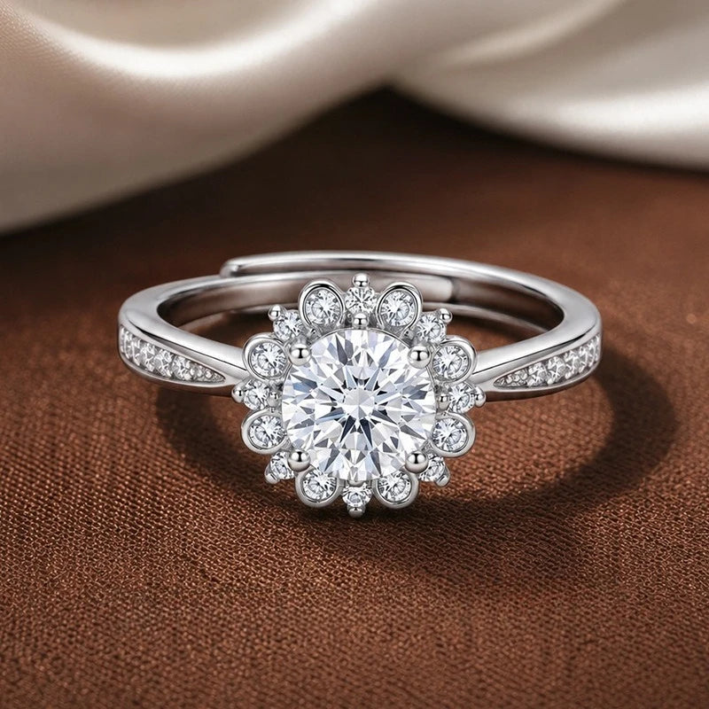 Sunflower Halo Cubic Zirconia Engagement Ring Adjustable Open Band Silver Tone Promise Wedding Band for Women Bridal Jewelry Qme