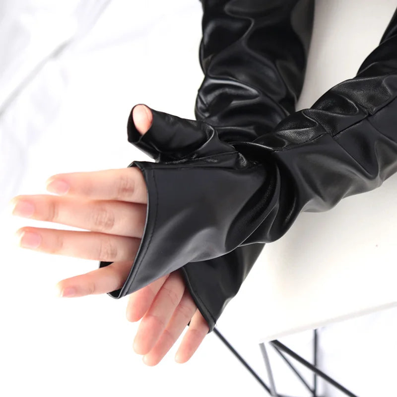 Women Sexy Long Fingerless Gloves Pu Leather Punk Rock Black Hip Pop Qme