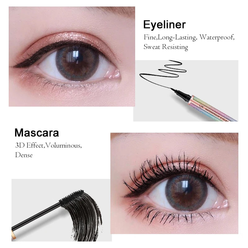 Black Mascara Liquid Eyeliner Set,5D Waterproof Fiber Colored Mascara Volume and Length,Longlasting Smudgeproof Eye Liner Pen Qme