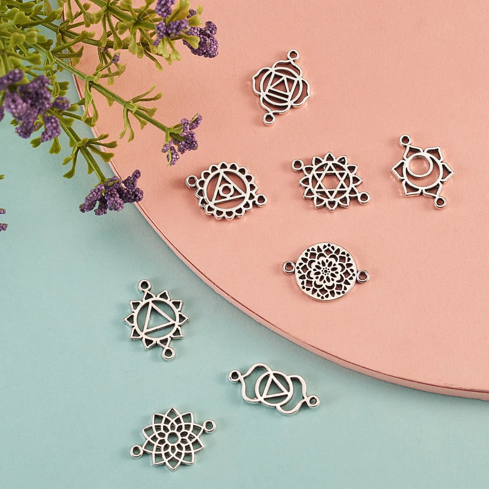 PandaHall 80pcs 8 Styles Tibetan Flower Charms Alloy Hollow Flower Charms Chakra Connector Charms for Jewelry Making Bracelets Qme