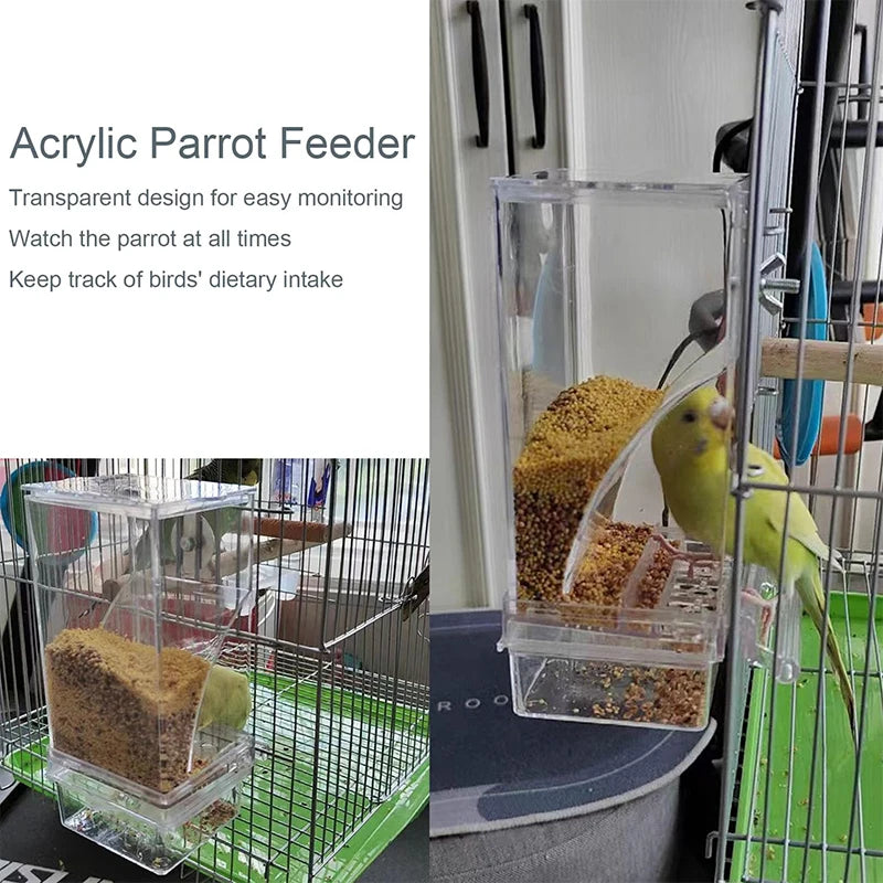 Automatic No Mess Bird Cage Feeder Acrylic Transparent Parrot Seed Qme