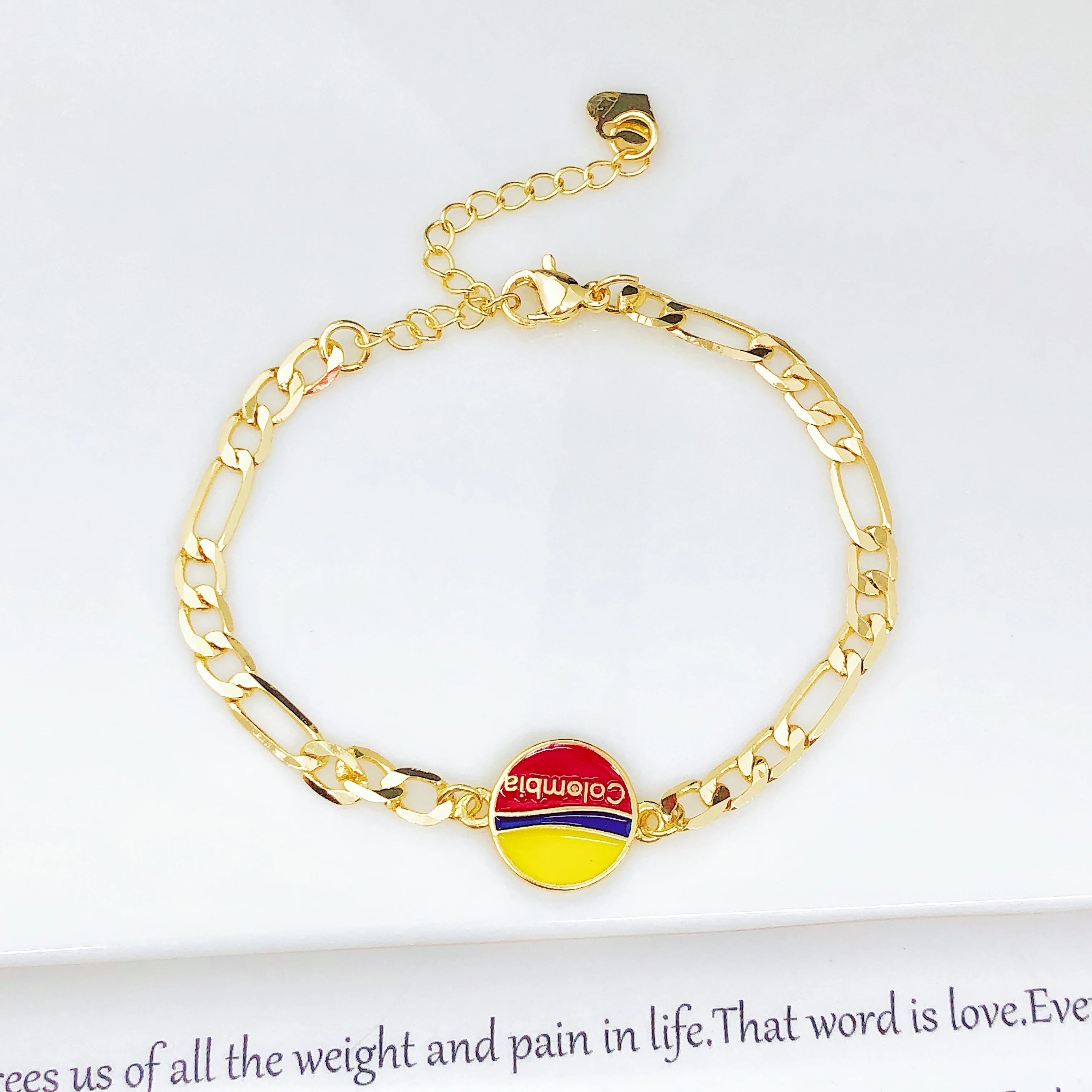 Adjustable Enamel Art Gold Plated Venezuela Colombia Flag Figaro Chain Bracelet for Men Women Holiday Anniversary Jewelry Gift Qme 7