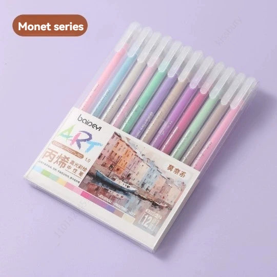 12Pcs/set Acrylic Watercolor Gel Pen Large Capacity Highlighter Fine Tip 1.0mm For DIY Black Cardstock Drawing Marking Doodling Qme Monet series