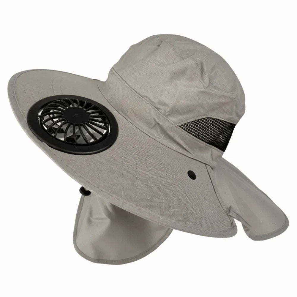 Portable Rechargeable Fan Hat Adjustable Long-lasting Fishing Sun Shading Hat with Face Cover 300mA Wide Brim Fan Hat Travel Qme Light Grey