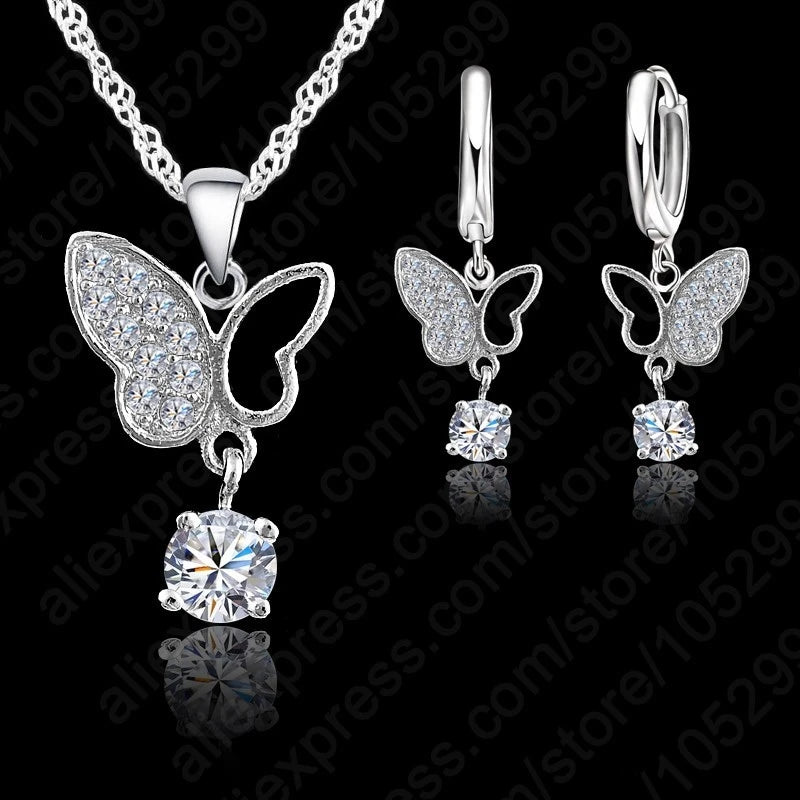 New Bridal Jewelry Sets S925 Sterling Silver Color Mosaic Butterfly CZ Crystal Pave Necklace Pendant Hoop Earrings Nice Gift Qme Default Title