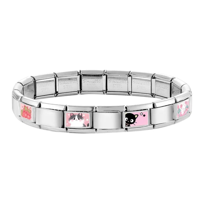 Y2K Pink Design Lovely Rabbits Tulip Flowers Strawberry Italian Charm Links 9mm Bracelets Bangle Stainless Steel DIY Making Gift Qme