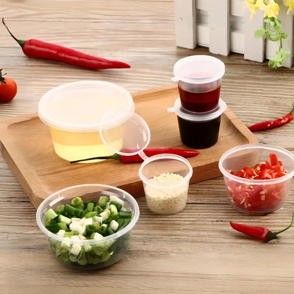 50/100Pcs Disposable Plastic Sauce Containers with Lids Mini Food Cups for Chutney Chili Sauce Kitchen Seasoning Storage Qme