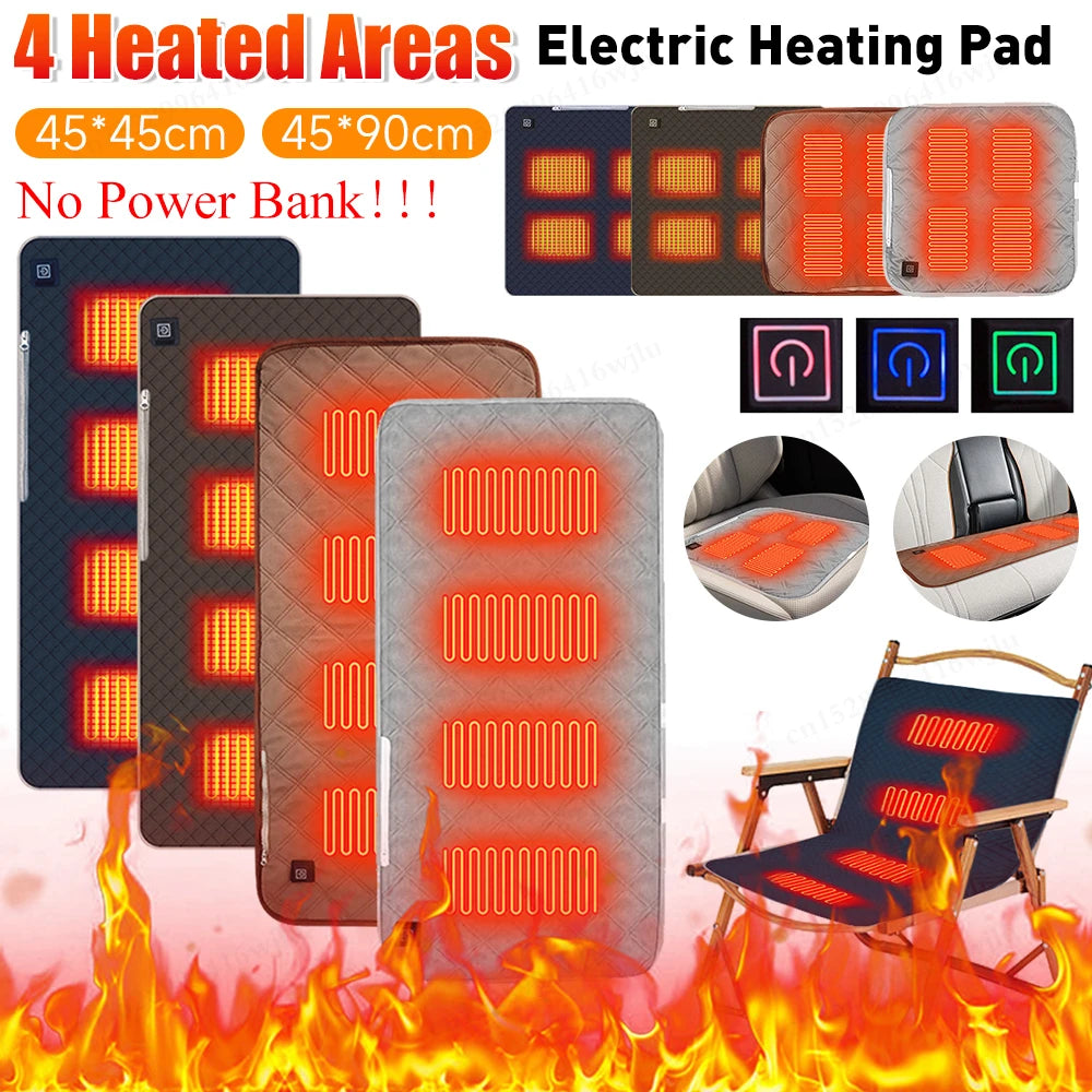 4 Heated Areas Camping Chair Heated Cushion Portable Heating Mat Cushion 3 Adjustable Temperature Type C/USB Charging for Winter Qme
