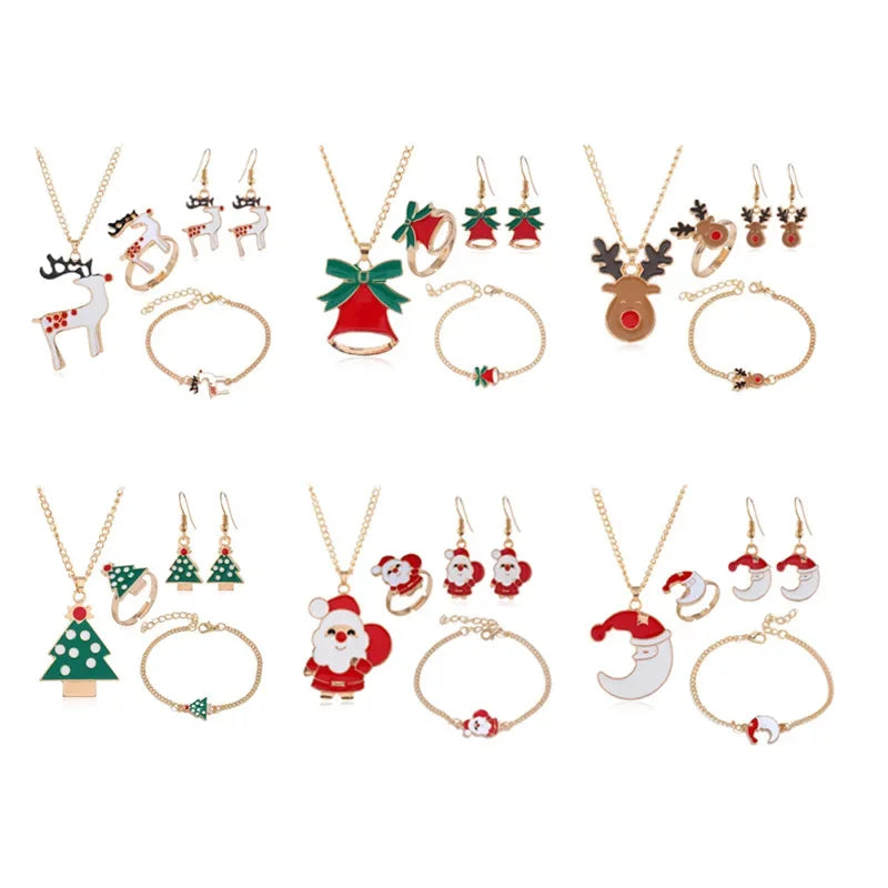 4PCS/Set Christmas Women Alloy Jewelry Set Santa Elk Bell Earrings Necklace Bracelet Decor Xmas Accessories Gift for Girl Women Qme
