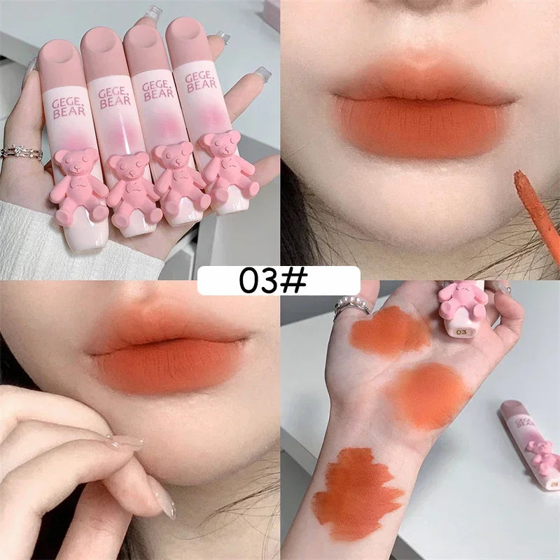 Cute Bear Lip Gloss Waterproof Long Lasting Non Fading Matte Lip Glaze Moisturing Non-marking Red Brown Velvet Liquid Lipsticks Qme 03
