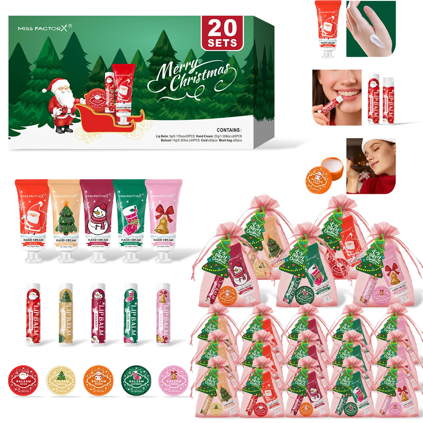 Christmas assembly gift set -20 sets, including balm, hand cream, lipstick, red gauze bag, Christmas tree thank you card Qme