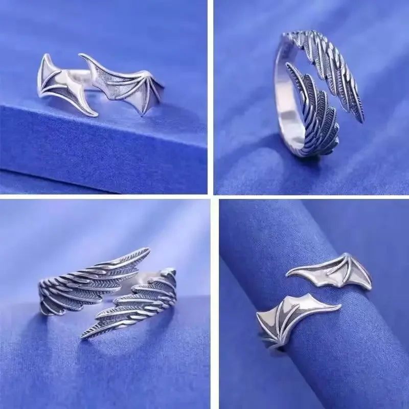 Retro Angel Demon Wing Couples Rings Men Women Charm Exquisite Jewelry Vintage Ancient Silver Color Punk Hip Hop Adjustable Qme