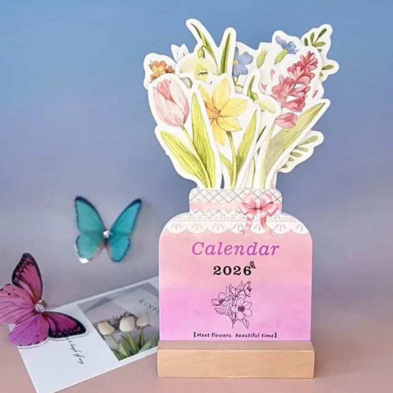 2026 Bloomy Flowers Mini Calendar Vase-like Desktop Monthly Planner Qme