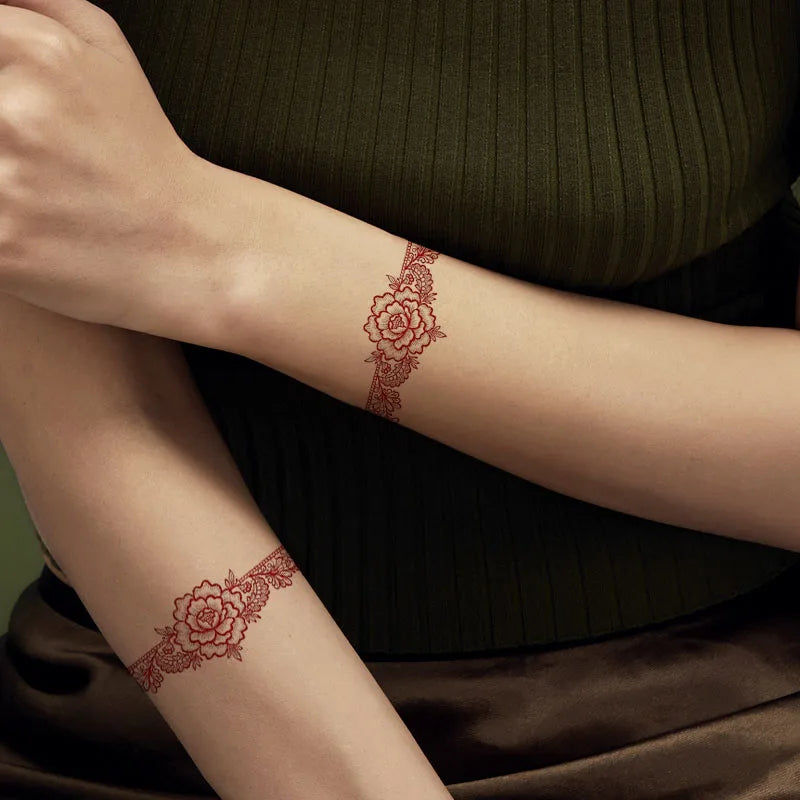 1P Red Rose Temporary Tattoo Bracelet Tattoo Sticker Waterproof Sweatproof Realistic Tattoo Hand-drawn Art Design Qme