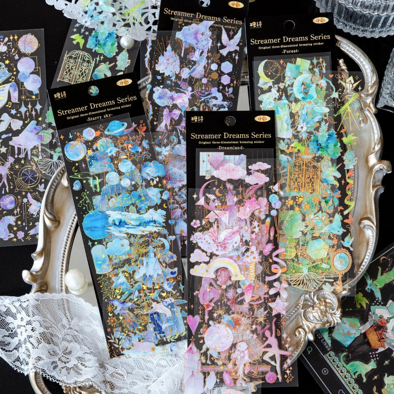 3 Sheets Bronzing PET stickers Dream Unicorn Literary Cats Music Clouds Hand Account DIY Material Decorative Stickers Qme