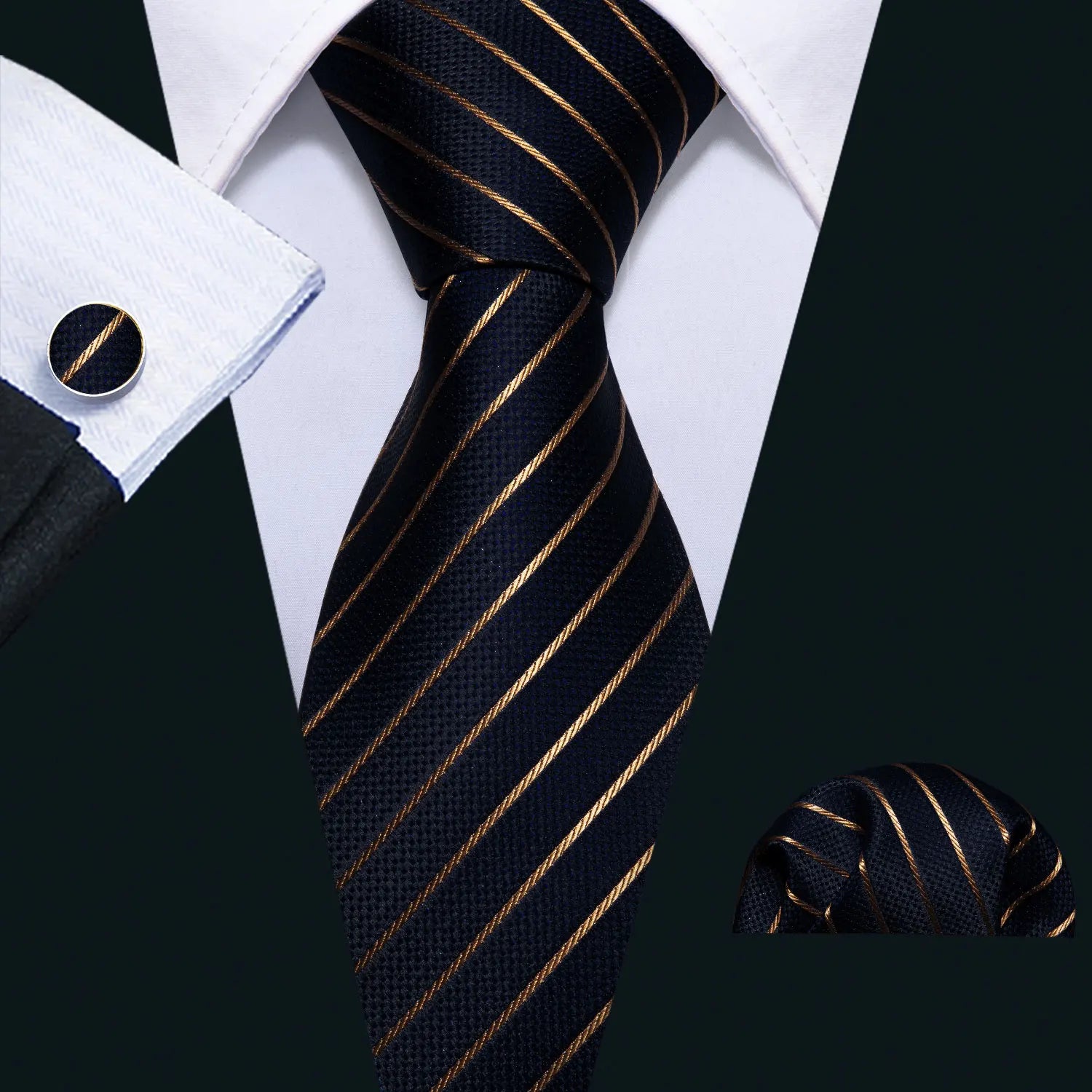 Black Geometric Tie Men Wedding Party Necktie Handkerchief Cravat