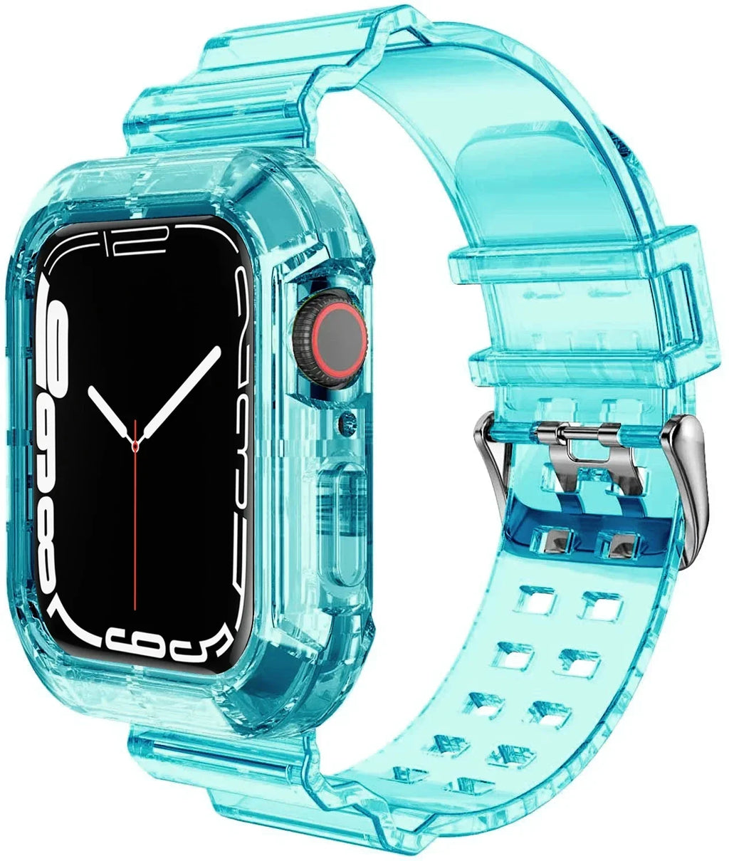 Clear Band + Case for Apple Watch Series 9 8 7 6 SE 5 49mm 45mm 44mm 42mm 41mm Transparent for iwatch 3 38mm 40mm Plastic Strap Qme blue green 38 40 41MM