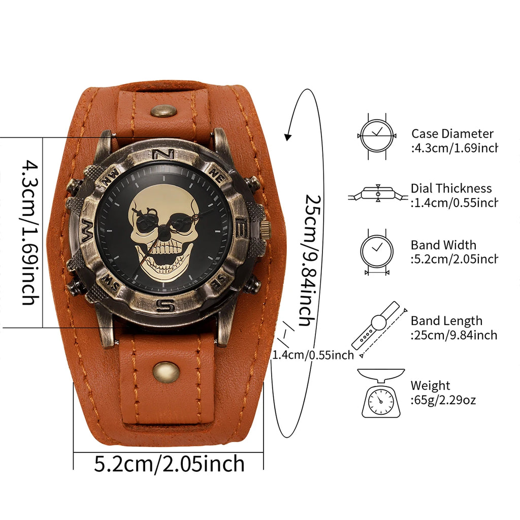 Vintage Skull Men Watch Wide Leather Strap Compass Bezel Punk Style Large Dial Quartz Wrist Watch for Male Qme