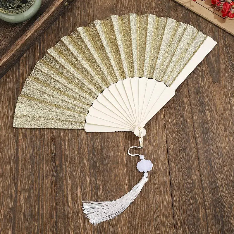 Gold Powder Plastic Fan Art Craft Home Decor Vintage Folding Chinese Qme A19