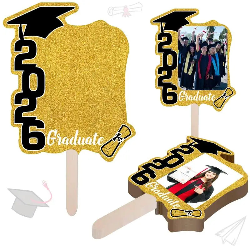 12Pcs Class Of 2026 Grad Photo Props Blank DIY Photo Frame Graduation Party Souvenirs Graduation Cutout Face Fans With Handle Qme Gold