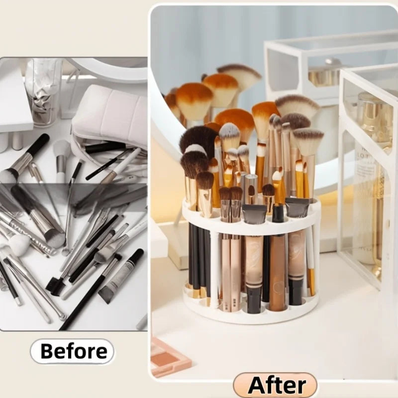 360° Rotating Brush Holder - White Plastic Organizer with Glaze Finish, Space-Saving Design for Art Brushes, Pens, Makeup Tools Qme