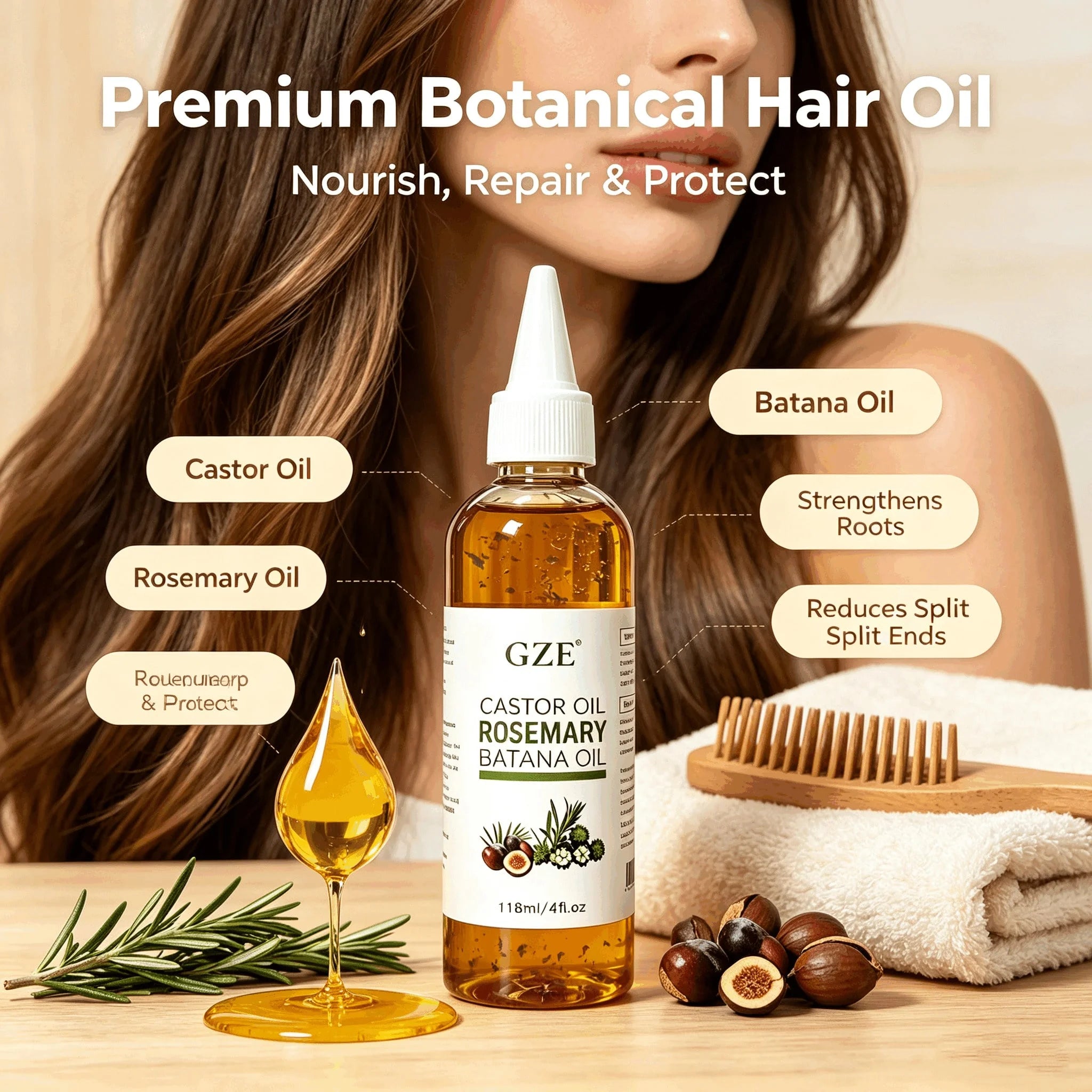 GZE Castor Rosemary Batana Hair Oil with Dried Herb Petals, Nourish Scalp, Strengthen Thin Hair, Repair Dry Frizzy Hair Qme