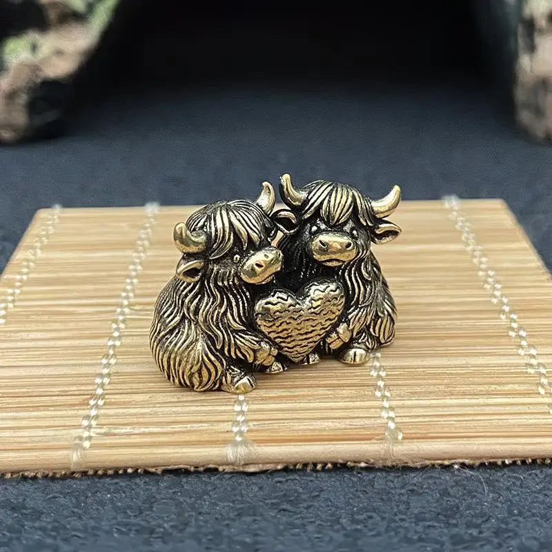 Handmade Vintage Highland Cow Figurine Solid Brass Mini Lucky Qme