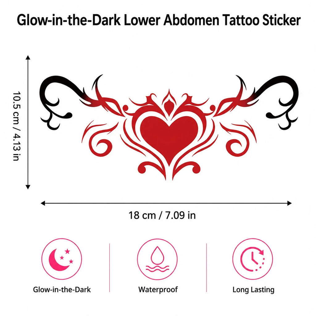 Disposable Tattoo Sticker Temporary Tattoo Glow in the Dark Tattoo Sticker, Red Heart Scroll Belly Art Qme Q-25