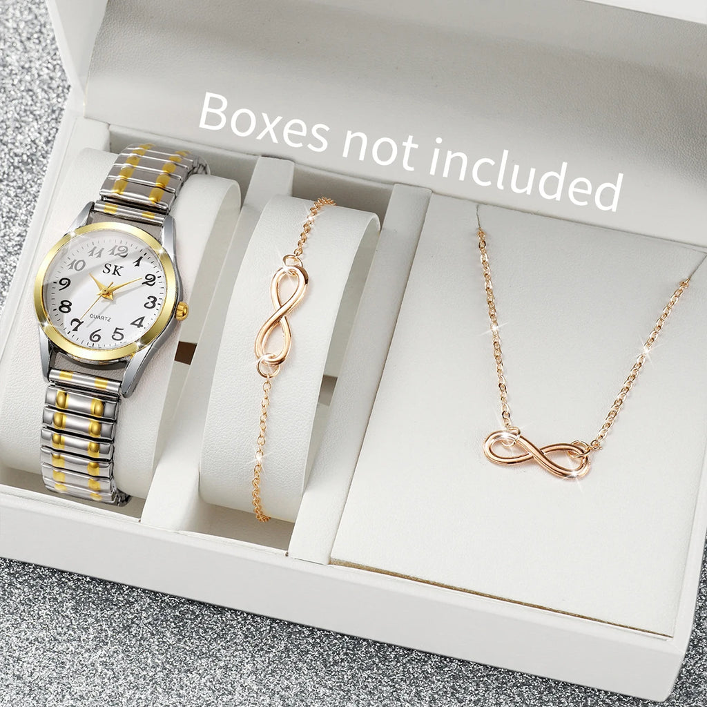 Three piece set of gold stretchable steel strip women's digital watch infinite symbol bracelet necklace, not including gift box Qme 3PCS Set Without Box