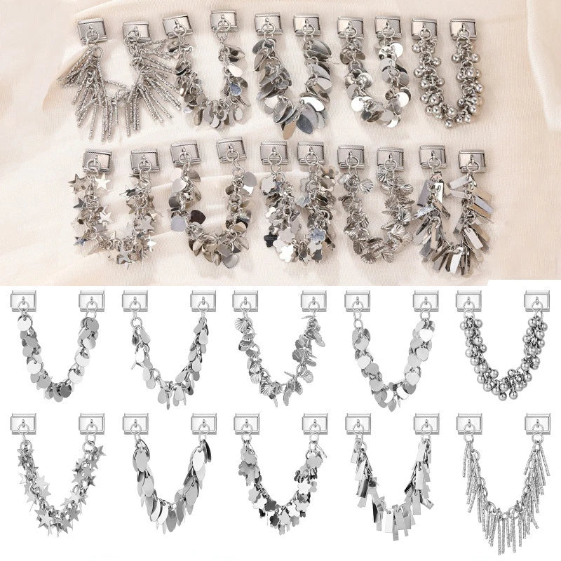 2026 New Sweet Heart Zircon Pendant Stars Tassel Chain DIY Making Bracelet Women Men Stainless Steel 9mm Italian Charm Links Fit Qme