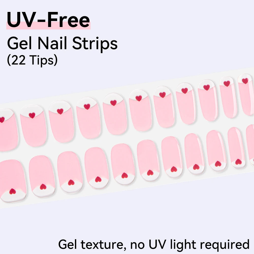 22Tips French Red Heart Kiss UV-Free Gel Nail Stickers Glitter Flower Qme BSA-0096