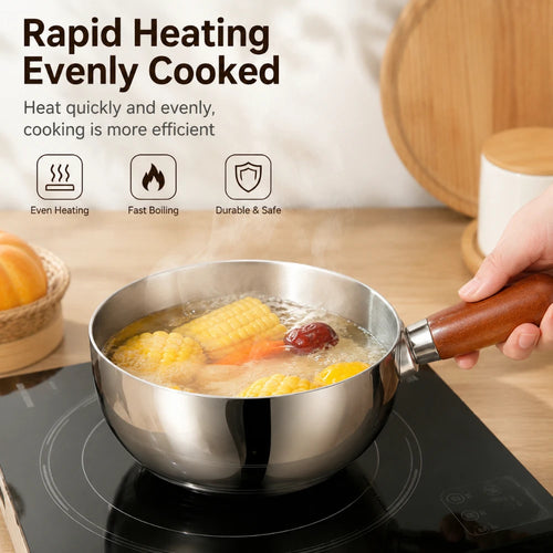 1/3 Optional Kitchen Cookware Stainless Steel Milk Pot Wooden Handle Non Slip Base Even Heat Performance For Induction Cooking Qme