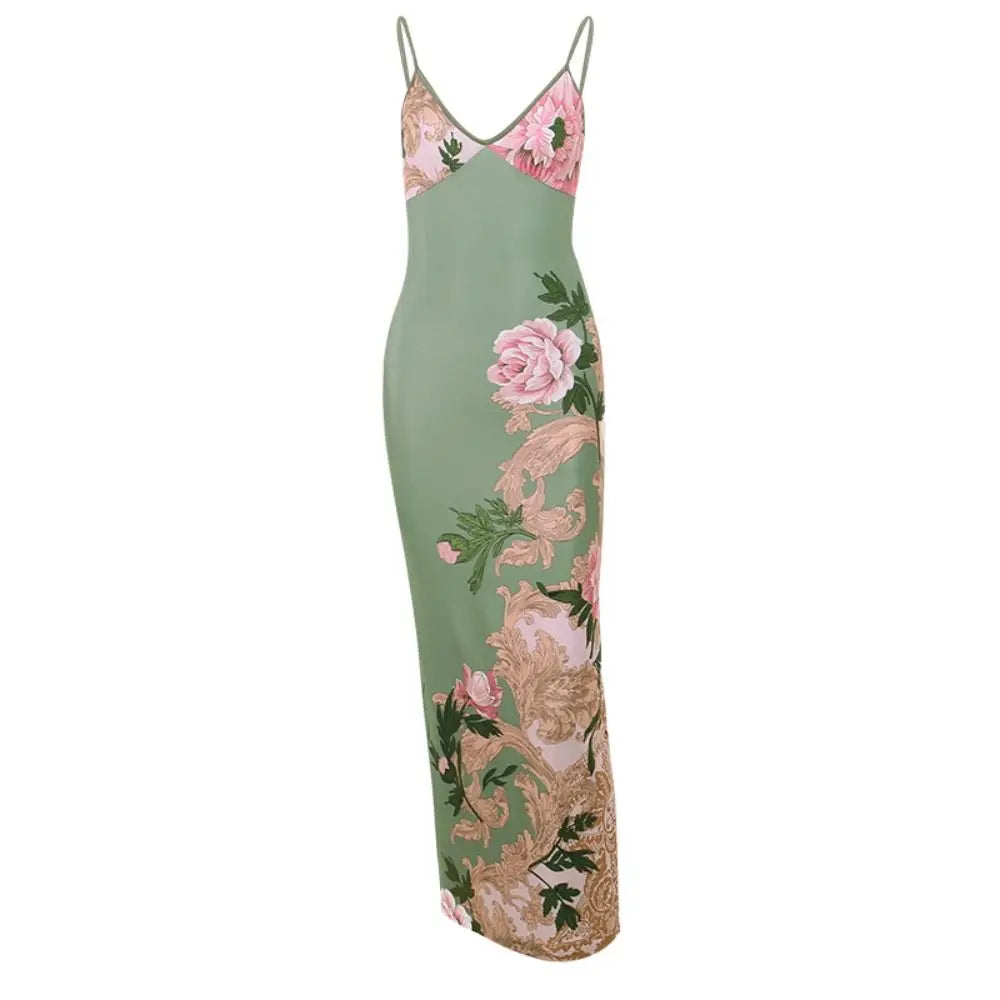 Slim-fit Dresses Sleeveless Print Suspender Dress Vneck Backless Floral Long Dresses Halter Cross Maxi Dress Club Qme green M