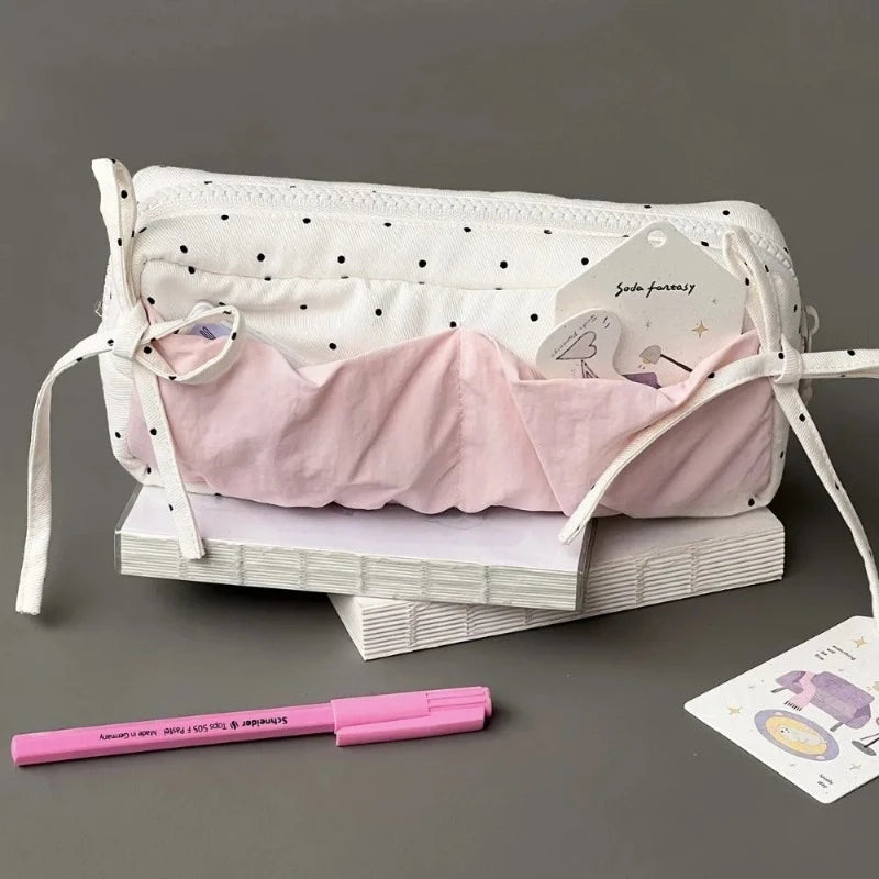 Simple Niche Cute Snow-white Polka Dot Pencil Bag Large Capacity Qme