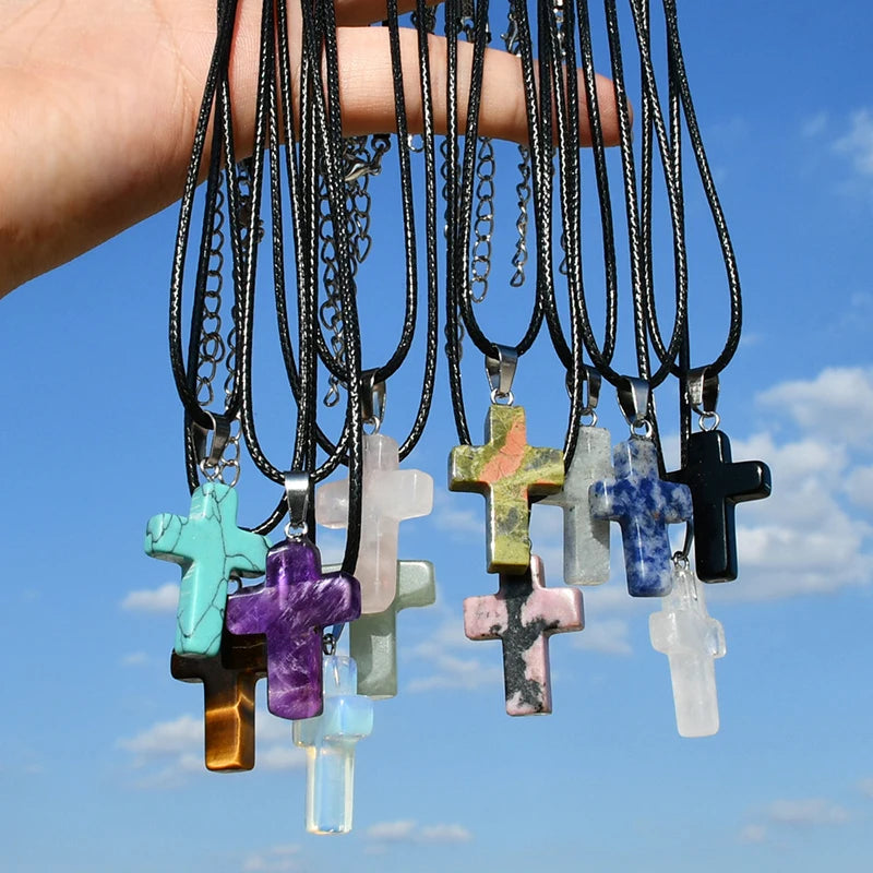 Natural Stone Cross Pendant Necklace, Colorful Punk Rock Style, Street Cool Vintage Y2K Goth Hip Hop Jewelry for Men and Women Qme