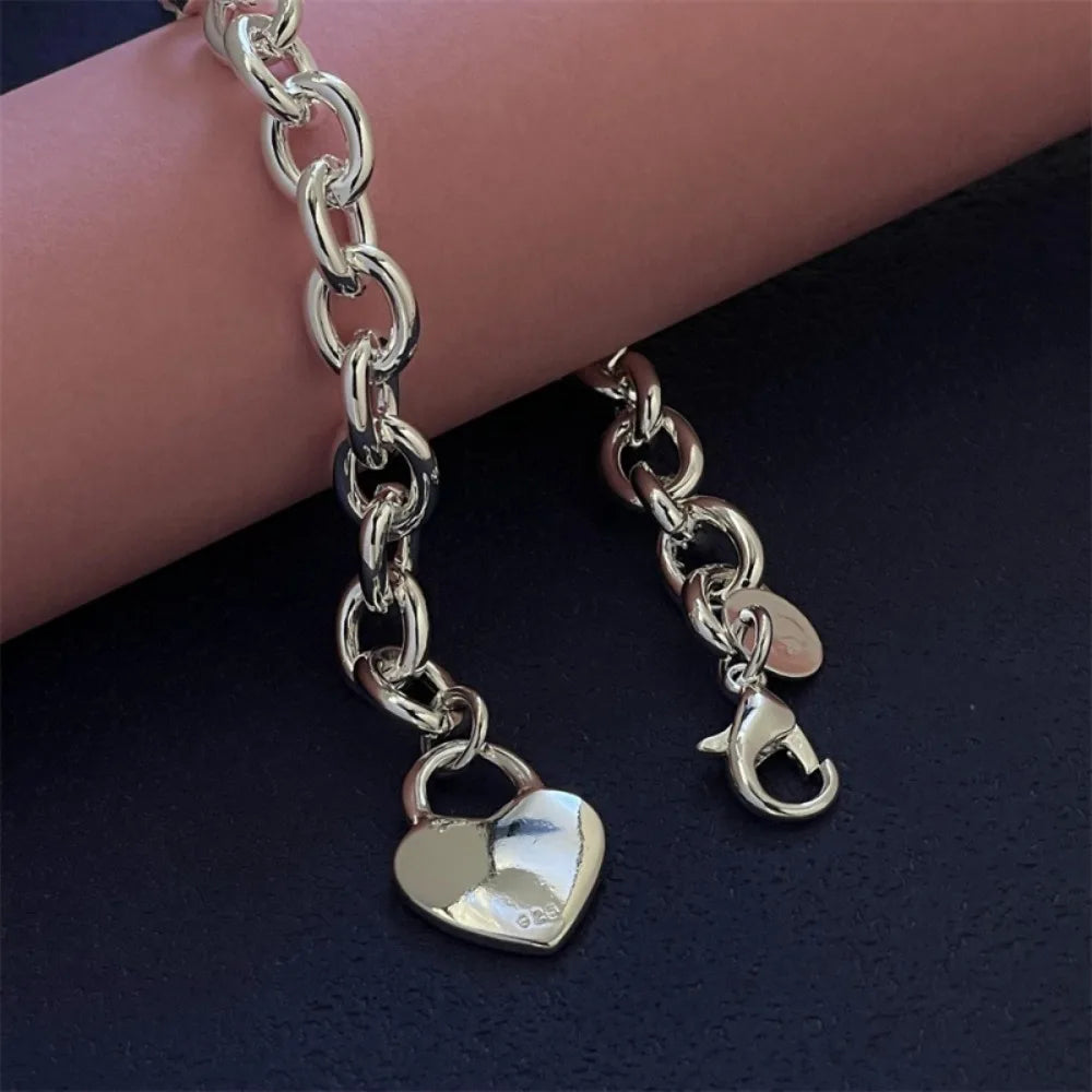 Hot Y2k Style 925 Sterling Silver Lucky Heart Lock Bracelets for Women Wedding Accessories Holiday Gift Party Fashion Jewelry Qme