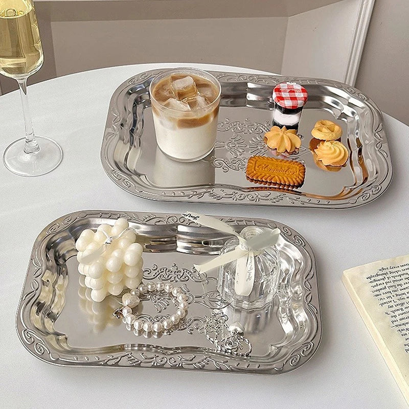 Stainless Steel Rectangular Tray Embossed Design Kitchen Living Room Qme