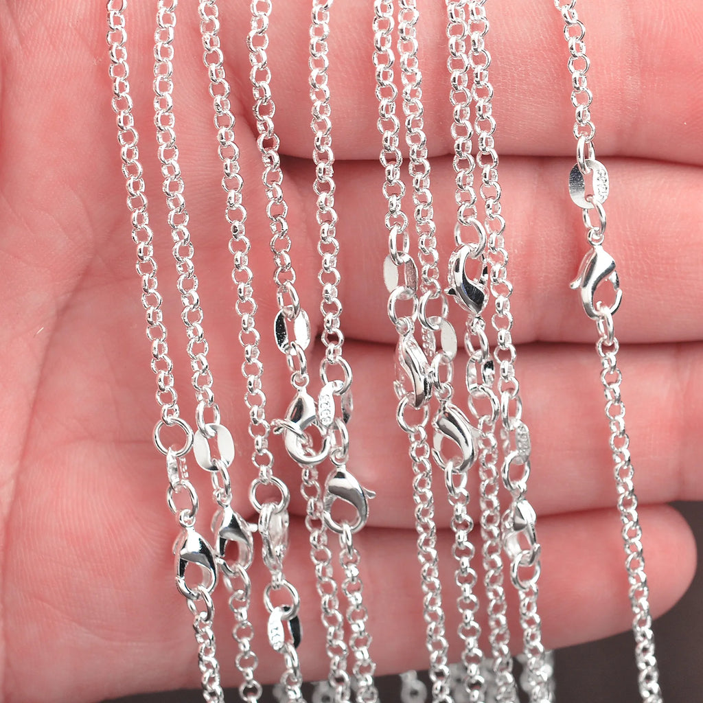 10PCS Wholesale Pure 925 Sterling Silver Color Charm Link Chain Necklace Jewelry with Strong Smooth Lobster Clasps 16-30 Inch Qme