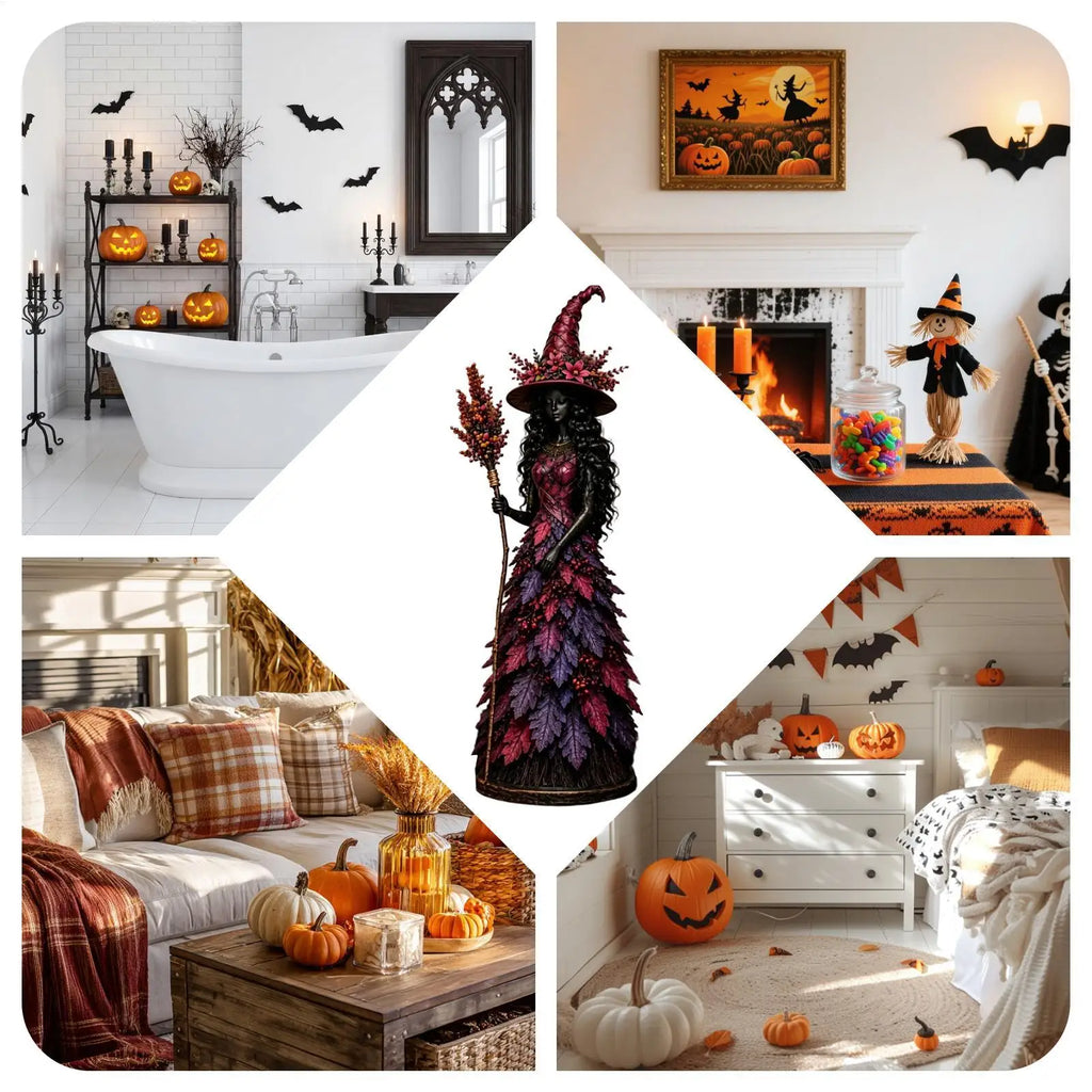 Halloween Witch Figurine Resin Seasonal Table Centerpiece Leaves Gown Qme